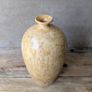 May include: A ceramic vase with a rounded body and a narrow neck, featuring a mottled, speckled finish in shades of light yellow, cream, and tan. The surface has a glossy glaze with a textured appearance, and the opening is circular with a flared rim.