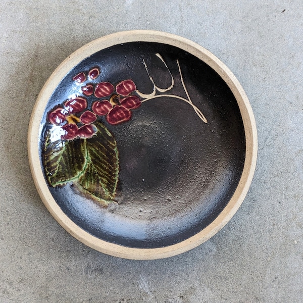 Handmade Studio Pottery Pin Dish - Stoneware Ceramic Berry Design - Handmade Christmas - Candle Plate