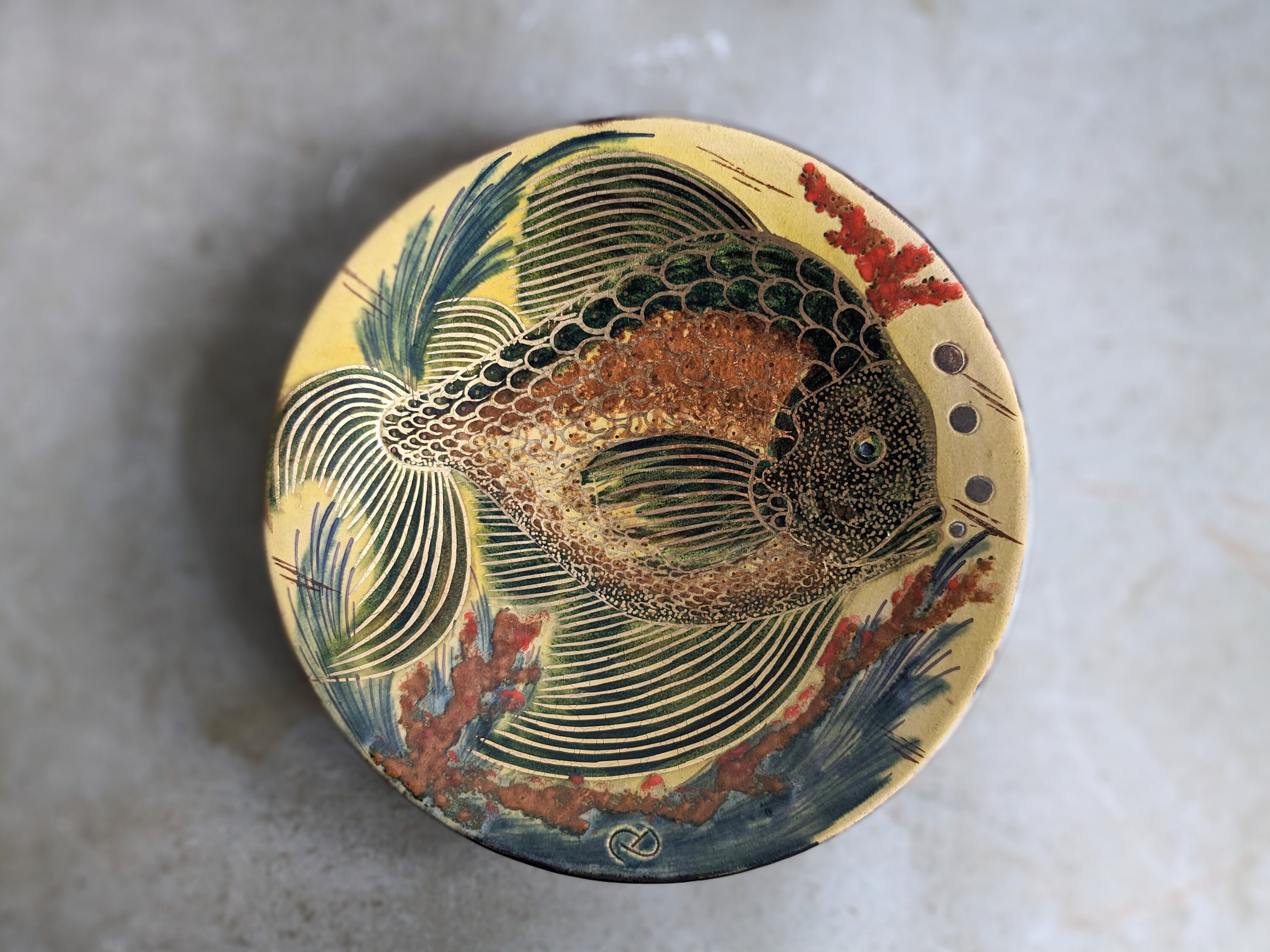 Colorful Fish Dish - Hand Painted Art Pottery Fish Plate - Catalan Artist Diaz Costa - Ceramic Wall Art - Handmade - Gold Silver 1960s Art