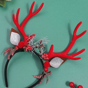 Christmas Flower Headband with Horns,Christmas Party Headband,Christmas Reindeer Headband,Antler Headband,Sweet Hair Accessories image 3