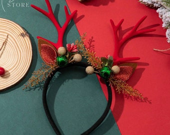 Red Reindeer Headband,Christmas Deer Antler Headband,Christmas Party Headband,Christmas Reindeer Headband,Antler Headband,Hair Accessories