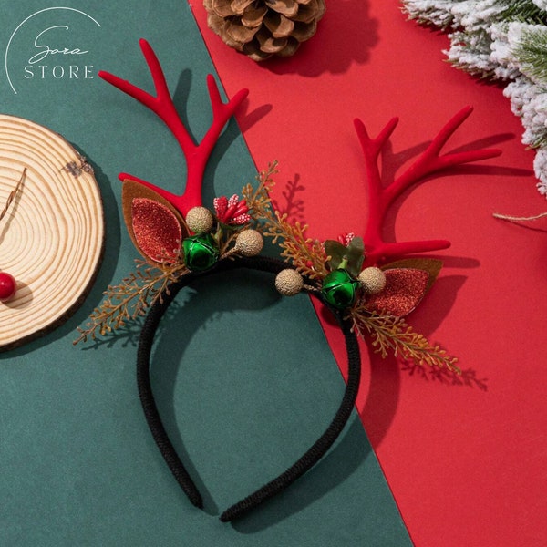 Red Reindeer Headband,Christmas Deer Antler Headband,Christmas Party Headband,Christmas Reindeer Headband,Antler Headband,Hair Accessories