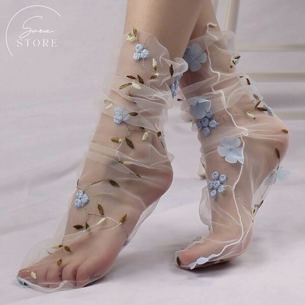 Chaussettes en tulle ultra violet, chaussettes en tulle décorées florales, chaussettes bleues de demoiselle d’honneur de mariée de mariage, chaussettes de vélo en tulle, chaussettes transparentes, cadeau pour elle