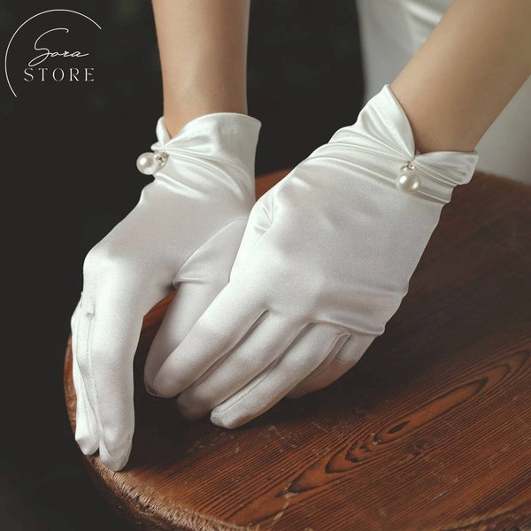 Delicate White Satin Gloves with Shiny Pearl Detail,White Wedding Gloves,Bridal Satin Short Gloves,White Formal Gloves,Cocktail Party