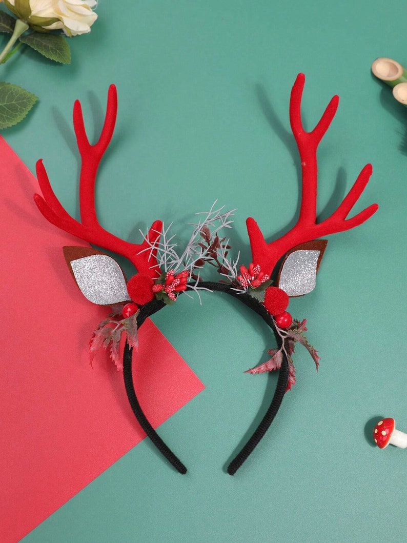 Christmas Flower Headband with Horns,Christmas Party Headband,Christmas Reindeer Headband,Antler Headband,Sweet Hair Accessories image 4