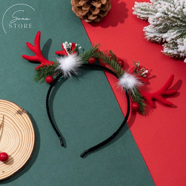 Serre-tête fleurs de Noël avec cornes, Serre-tête cerf fleurs, Serre-tête fête de Noël, Serre-tête cerf, Accessoires cheveux doux, Cadeaux de Noël