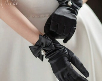Short Black Gloves,Satin Short Gloves Black Shiny Pearl Insert,Cosplay Gloves,Party Gloves Evening Gloves,Wedding Bridal Gloves