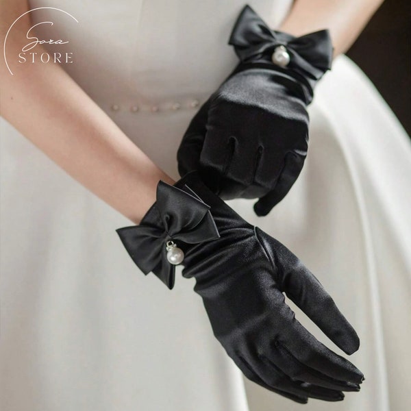 Short Black Gloves,Satin Short Gloves Black Shiny Pearl Insert,Cosplay Gloves,Party Gloves Evening Gloves,Wedding Bridal Gloves