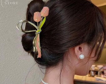 Garras de pelo de tulipán de color elegante, clips de garra de pelo de metal grandes de tulipán colorido, accesorios para el cabello de tulipán para mujeres, accesorios para el cabello