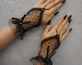 Kurze Spitze Fingerlose Handschuhe, Schwarze Spitze Handschuhe, Gothic Handschuhe, Schwarze Tüll Handschuhe, Party Geschenke, Geschenk für Frauen, Geschenk für sie