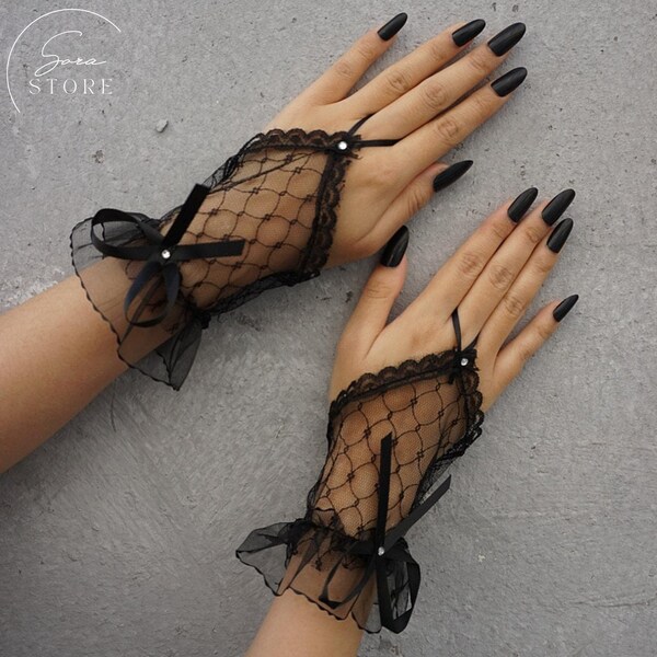 Mitaines courtes en dentelle, Gants en dentelle noire, Gants gothiques, Gants en tulle noir, Cadeaux de fête, Cadeau pour femme, Cadeau pour elle