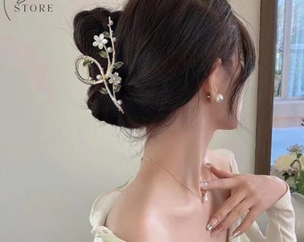 Griffes de cheveux élégantes pour femmes, pinces à cheveux à grandes branches de fleurs, pinces à fleurs blanches à la mode, grandes pinces à cheveux en métal pour cheveux longs et épais