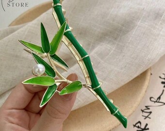 Green Enamel Bamboo Pearl Hair Clips,Dripping Oil Green Bamboo Hair Claw Clips,Elegant Large Metal Hair Claws for Women,Ponytail Hair Claw