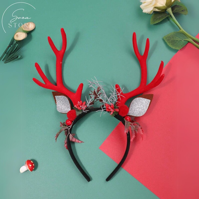 Christmas Flower Headband with Horns,Christmas Party Headband,Christmas Reindeer Headband,Antler Headband,Sweet Hair Accessories image 1