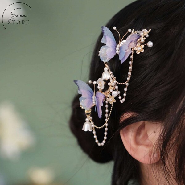 Forcina a farfalla viola fata, fermaglio per capelli laterale, forcina in seta, accessori per capelli Hanfu, stile foresta, regalo per lei, artiglio per capelli a farfalla, migliori regali