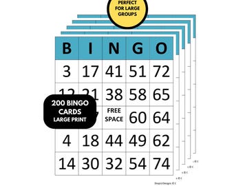 200 Large Print Bingo Cards Printable, Easy to Read Clean Bingo Game, Simple Modern Bingo Cards for Parties, Classroom & Large Groups PDF