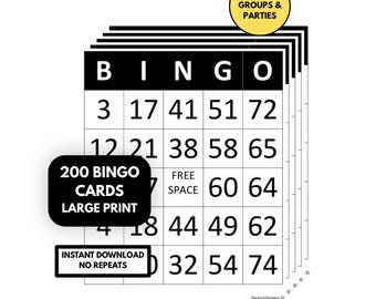200 Unique Large Print Bingo Cards Printable, Minimal Black White Bingo Game, Clean Modern Bingo Cards for Large Groups and Parties