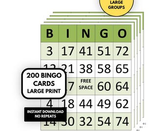 200 Large Print Bingo Cards Printable, Classroom Bingo Game for Large Groups, Educational Activity for Kids and Adults, Instant Download PDF