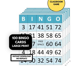 100 Large Print Bingo Cards Printable, Classroom Bingo Game for Kids and Adults, Team Building Group Activity Bingo Cards PDF Download
