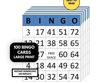 100 Large Print Bingo Cards for Seniors, 100 Unique Easy Read Bingo Cards Printable, Party Game for Large Groups, Senior Activity Game PDF