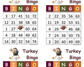 100 Turkey Unique Bingo Cards, 1, 2, 4 and 6 Per Page, Instant Printable Fun Fall or Thanksgiving Party Game Pdf Download for Adults & Kids