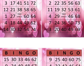100 Unique Bingo Cards: Valentine Party Game(PDF Download),1,2,4 and 6 Per Page, Instant Printable For Adults Kids, Pink w/heart, love pride