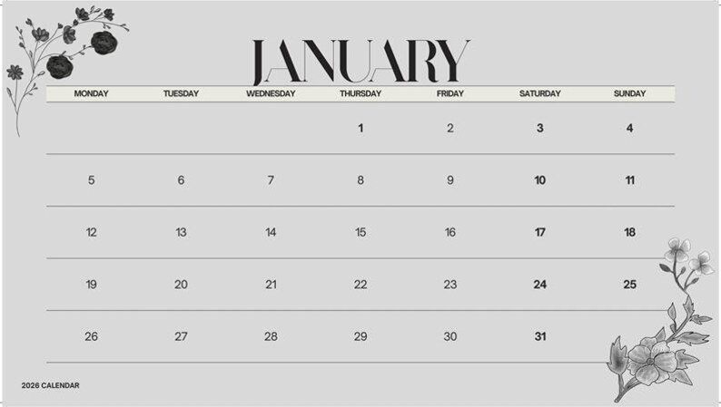 2026 Minimalist Black & White Printable Monthly Calendar Pdf Download ...