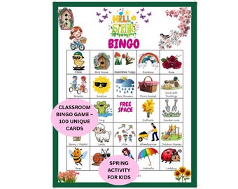 Spring Bingo Game for Classroom Party, 100 Unique Cards for Kids Group Activity, Easy Spring Bingo Set, Easter Class Game Printable