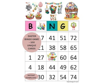 Easter Bingo Game Printable for Family Party, 100 Unique Bingo Cards for Kids & Adults, Easter Party Game, Holiday Activity Instant Download