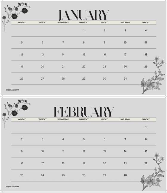 2026 Minimalist Black & White Printable Monthly Calendar Pdf Download ...