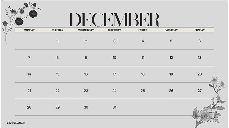 2026 Minimalist Black & White Printable Monthly Calendar Pdf Download ...