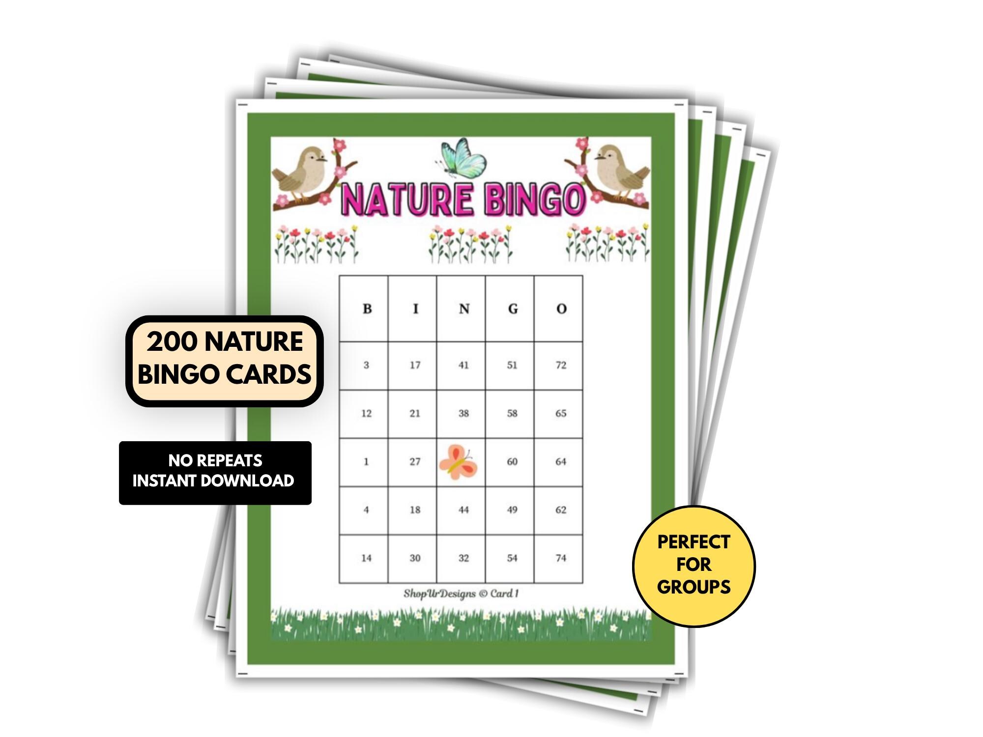 Nature Bingo Game Printable for Outdoor Groups, 200 Unique Bingo Cards ...
