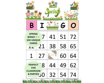 Spring Bingo Cards for Classroom Party, 100 Unique Bingo Cards for Kids Activity, Easter Bingo Game Printable, Spring Class Game