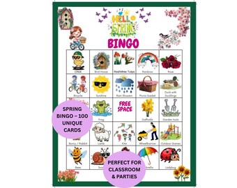 Spring Bingo Game Printable, 100 Unique Bingo Cards, Spring Party Game for Kids & Adults, Classroom Activity, Easter Bingo, Instant Download