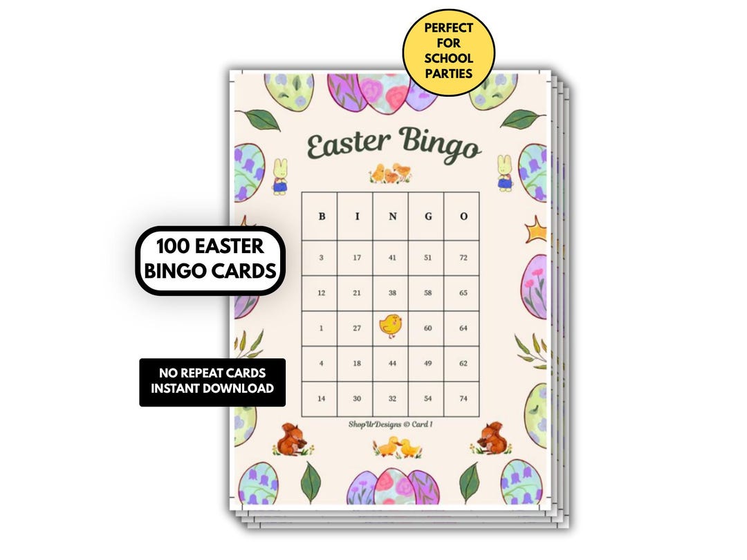 100 Easter Bingo Cards Printable for Classroom Party, Kids Easter Game ...