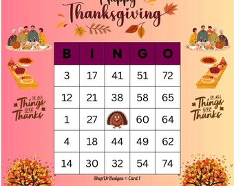 200 Thanksgiving Unique Bingo Cards : Printable Download (PDF), Party Game for Kids & Adults, American Holiday Fun Activity, Being Thankful