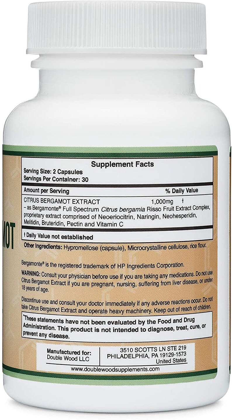 Citrus Bergamot Capsules 1,000mg Servings patented Bergamonte Vegan