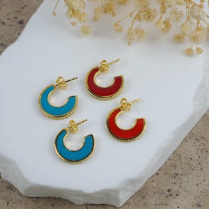 14K Gold Plated Enamel Hoop Earrings, Sterling Silver Dainty Pave Half Hoop Stud Jewellery
