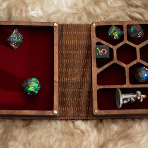 D&D Folding Book Dice Vault -  Wood Dice box and miniature storage with dice tray- Wooden Book Box- Player Companion Box