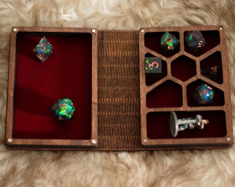 D&D Folding Book Dice Vault -  Wood Dice box and miniature storage with dice tray- Wooden Book Box- Player Companion Box