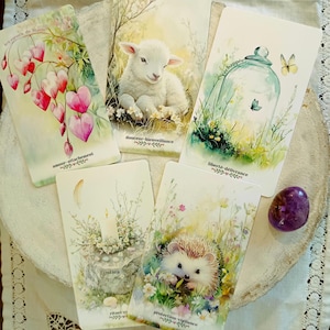 Può includere: Una collezione di carte oracolo con illustrazioni ad acquerello. Le carte raffigurano un agnello, un riccio, un barattolo di vetro con farfalle e altre immagini a tema naturalistico. Ogni carta ha testo in francese e un cristallo di ametista viola.