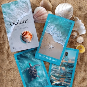 Oracle "Océans, éthérés et sacrés", outil de divination estival- tons bleus-thème mer, coquillages et eau- cartomancie- tirage de cartes