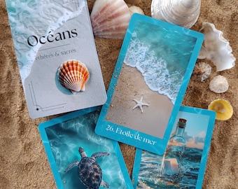 Oracle "Océans, éthérés et sacrés", outil de divination estival- tons bleus-thème mer, coquillages et eau- cartomancie- tirage de cartes