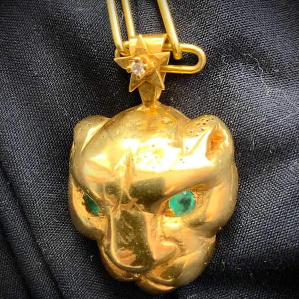 Golden Jaguar Pendant with Emerald Eyes