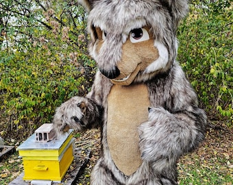 Handmade Faux Fur Wolf Mascot Costume – Gray Brown, Adult Size