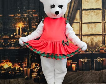 Disfraz de mascota de oso de peluche blanco navideño hecho a mano – Personaje navideño femenino