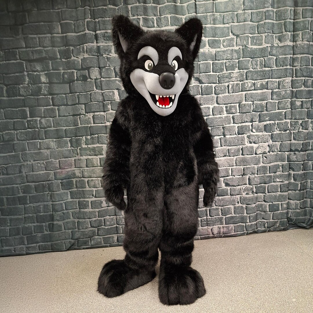 Black Wolf Mascot Costume: Professional Handmade Fur Suit, Adult Size ...