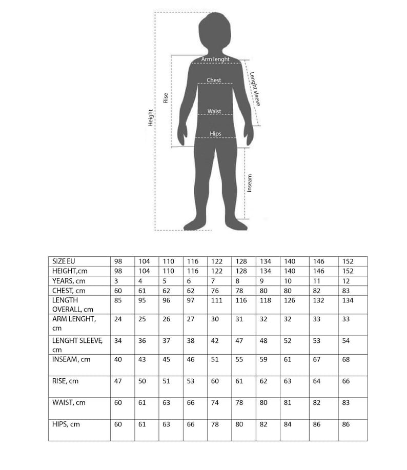 Op de afbeelding: Maattabel voor kinderkleding met maten in centimeters. De tabel bevat maten van 98 tot 152, met maten voor lengte, borst, lengte, totale lengte, armlengte, mouwlengte, binnenbeenlengte, taillehoogte, taille en heupen.