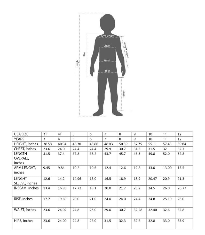 Op de afbeelding: Een grafiek met de maten voor kinderkleding in inches, van 3T tot 12. De grafiek bevat maten voor lengte, borst, lengte, totale lengte, armlengte, mouwlengte, binnenbeenlengte, taillehoogte, taille en heupen.