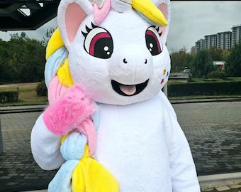Handmade Unicorn Mascot Costume, White Rainbow Mane, Adult Size
